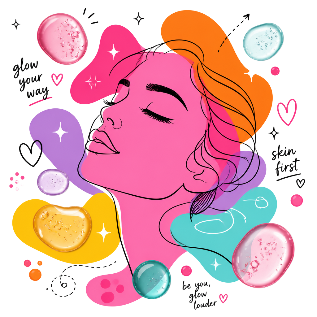 Colorful illustration of a woman surrounded by skincare serum droplets